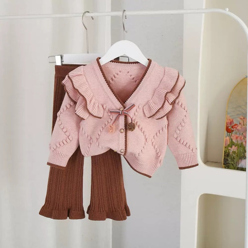 Girls' Sweater Autumn Winter New Baby Girl Ruffled Knitted Cardigan + Stylish Flared Pants Korean Style