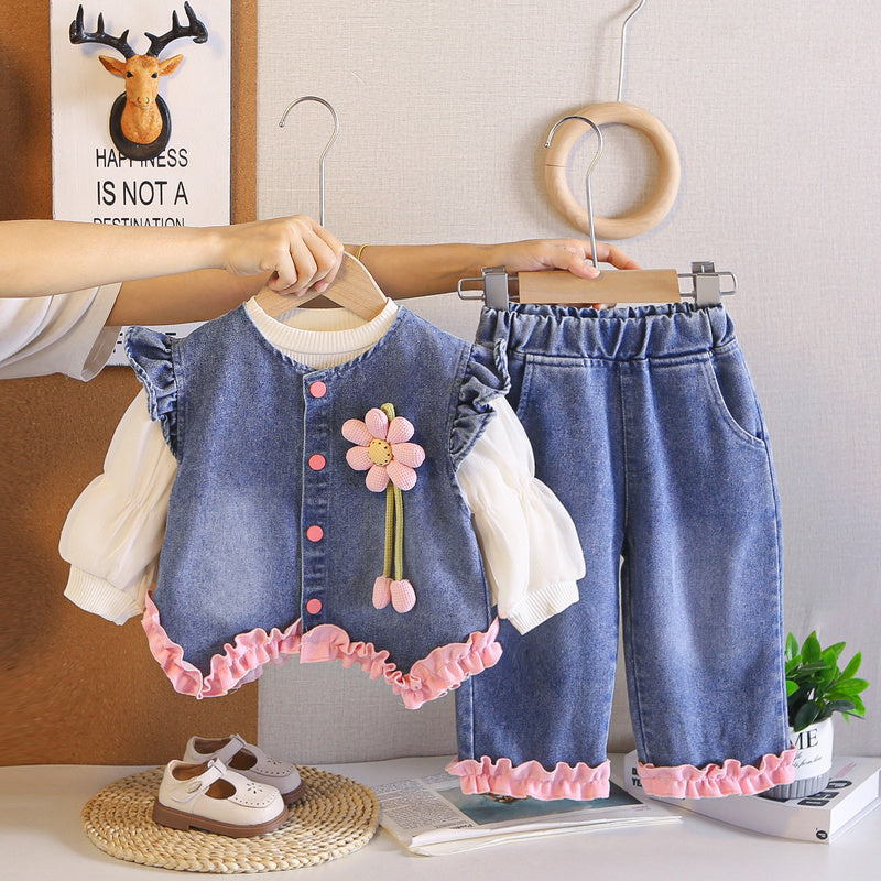 Girls' Outfit Spring and Autumn 2026 New Fashionable Children's Rose Flower Denim Three-Piece Set Trendy Wholesale