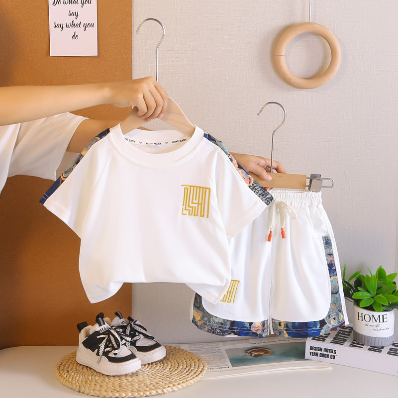 Boys' color-blocked short-sleeve suit outfit 2026 new model children's summer thin style casual clothing for boys and toddlers