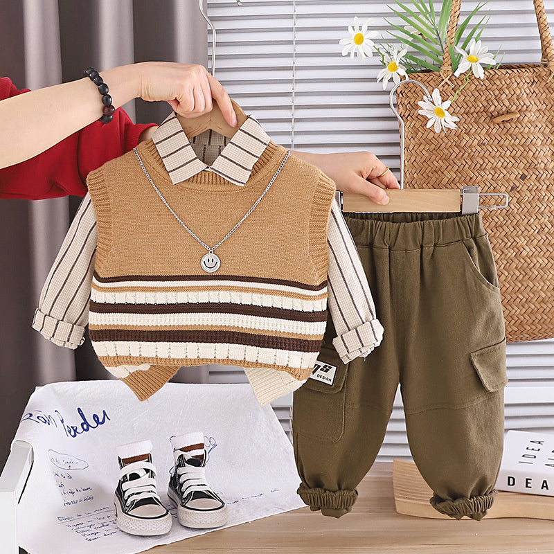 Boys' outfit stylish baby striped color-block sweater three-piece set, infant children's spring and autumn trendy clothing