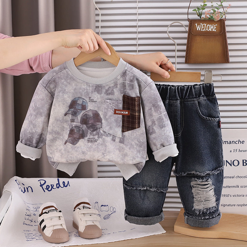 Boys' Spring Autumn Outfit 2026 New Fashionable Children's Hat and Sweatshirt Korean Style Casual Jeans Two-Piece Set Trendy