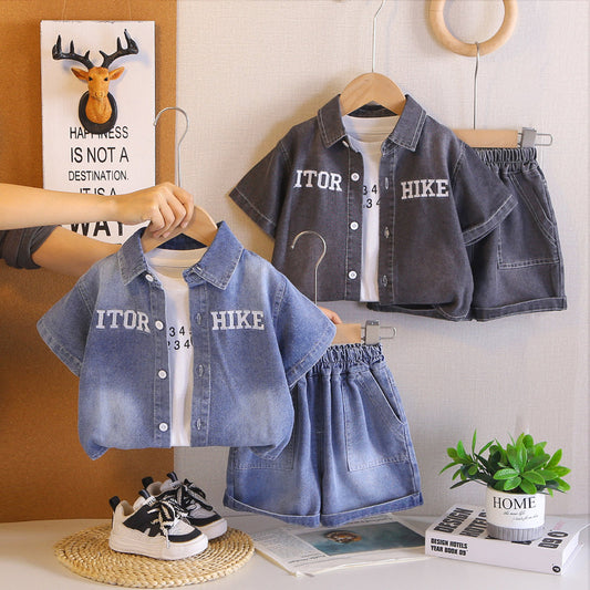 Children's clothing boys' short-sleeve 2026 new stylish summer outfit for 1-3 year old toddlers baby letter denim three-piece set