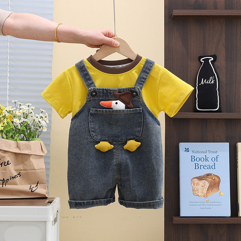 Children's Duck Denim Overalls 2025 New Boys' Summer Thin Short Sleeve Two-Piece Set Trendy