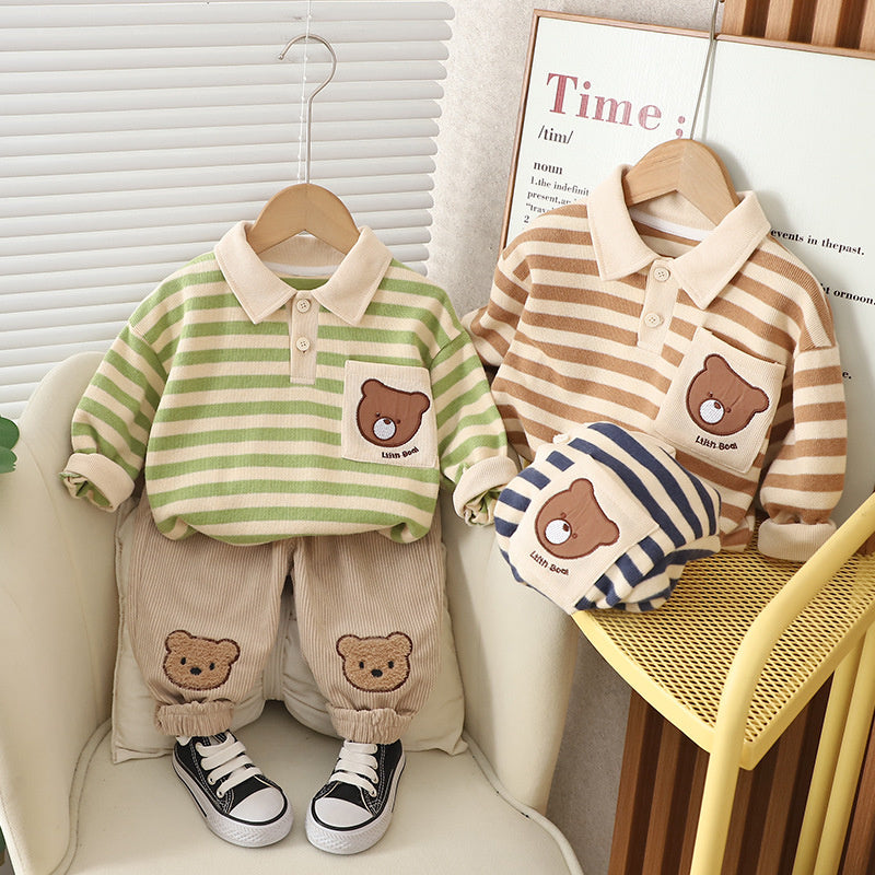 Boys' Suit Spring and Style Autumn Outfit Children's Sportswear Fashionable Stylish Baby Boy Turn-down Collar Bear Clothes Two-piece Set