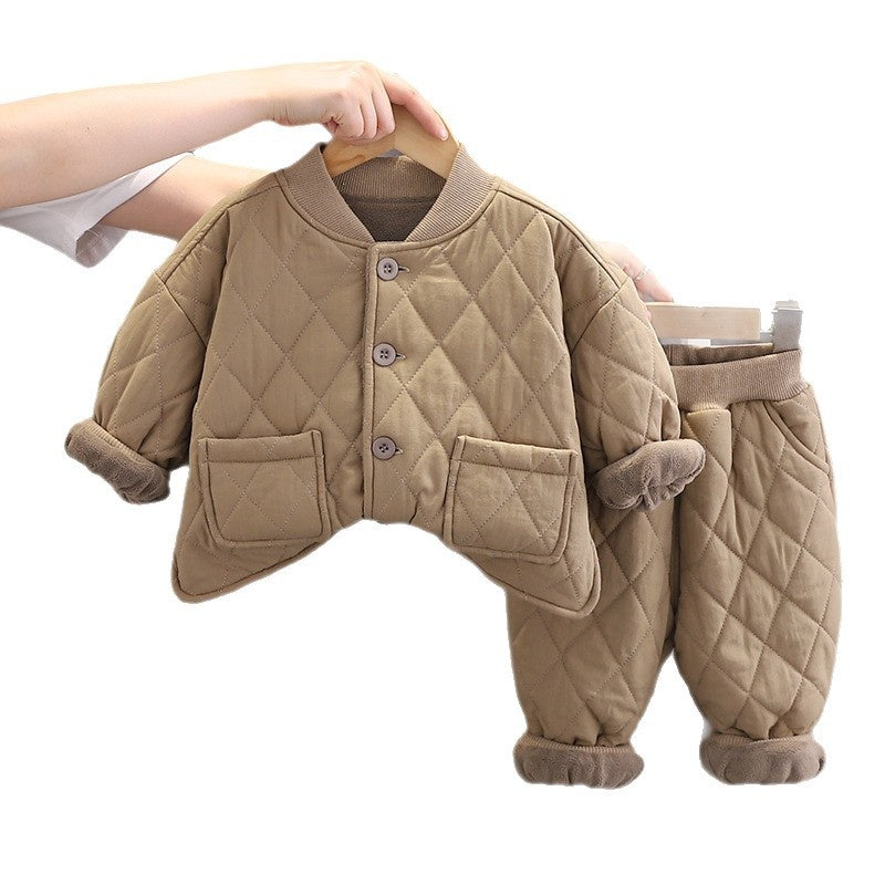 2025 Boys' Baby Casual Simple Winter Fleece Thickened Infant Versatile Pocket Button Cotton Jacket Two-Piece Set