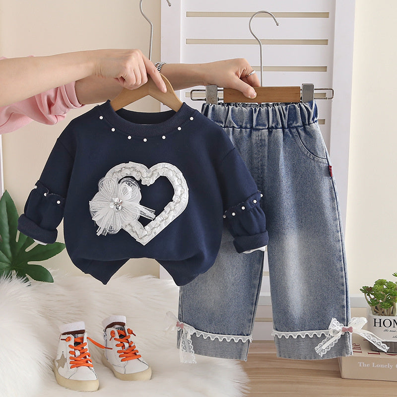 Girls' Outfit 2026 New Fashionable Baby Spring Autumn Heart-Shaped Lace Two-Piece Set for Infants and Girls