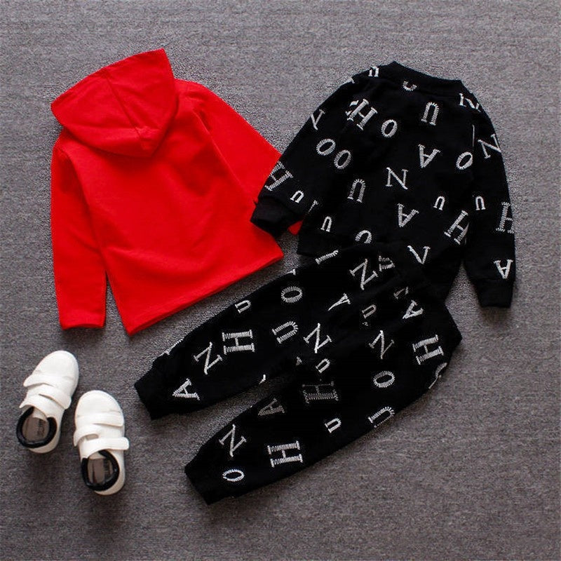 Spring and Autumn New Boys Zipper Shirt Three-Piece Toddler Baby Full Print Letter Hooded Long Sleeve Sweatshirt Set