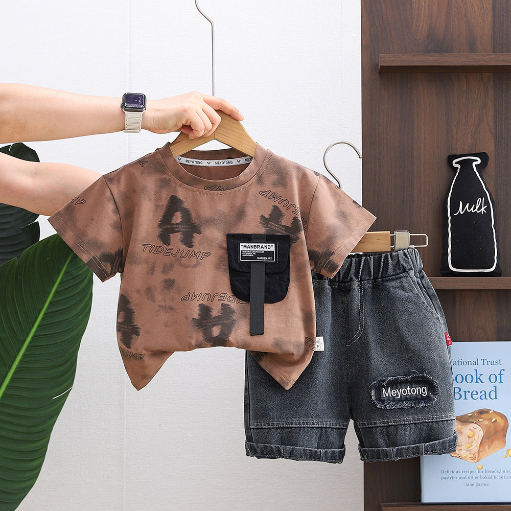 Boys' Outfit 2026 New Style Infant Children's Full-Print Letter Round-Neck Short-Sleeve Two-Piece Set Stylish Baby Summer Wear