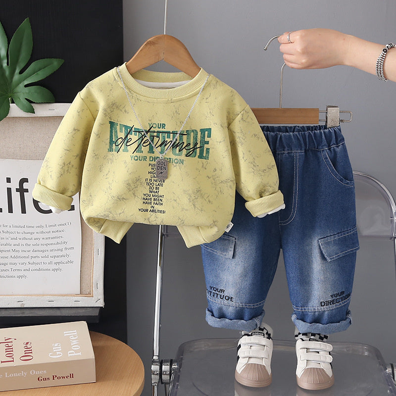 Boys' Outfit 2026 New Fashionable Children's Spring and Autumn Stylish Casual Letter Print Two-Piece Set Wholesale