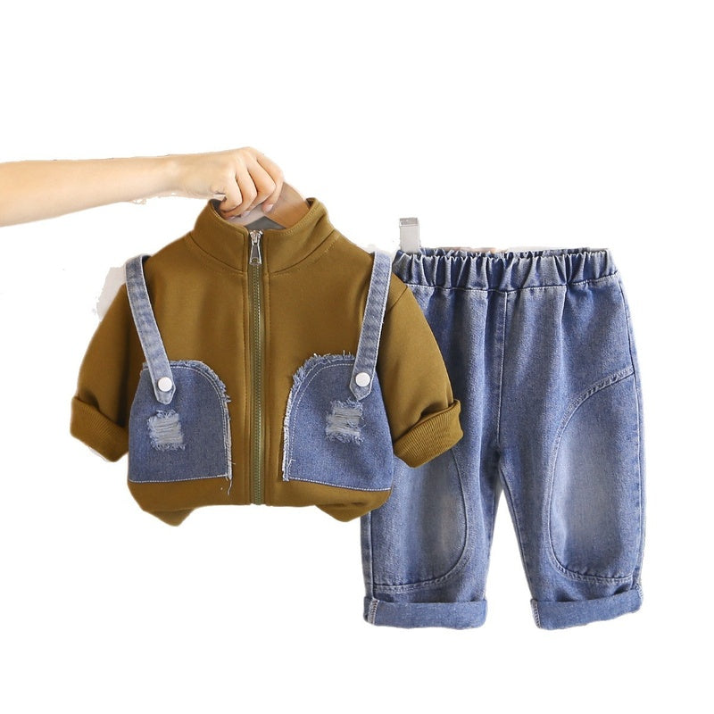 Boys' Sports Suit 2026 Spring Autumn New Casual Fake Suspender Two-Piece Set for Children and Toddlers