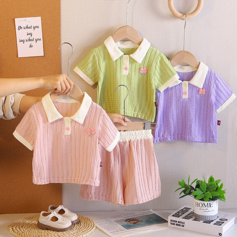 Girls' stylish solid color jacquard suit, summer wear 2026 new model, fashionable casual two-piece set for baby girls
