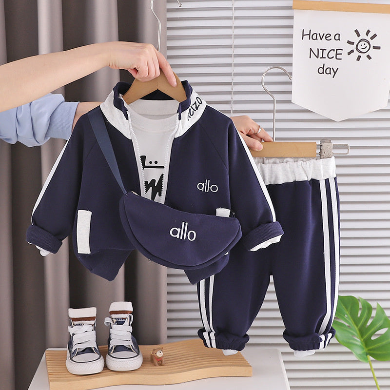 Boys' Spring Outfit 2026 New Fashionable Three-Piece Set with Letter Print on Collar Crossbody Bag, Stylish for Toddlers and Infants