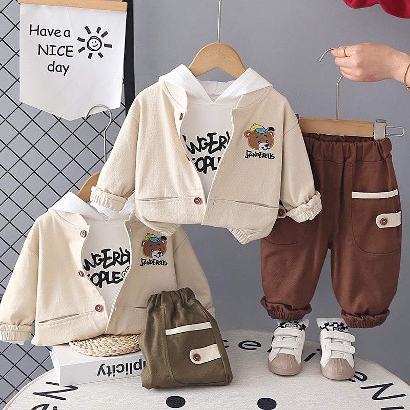 Children's Outfit Boys, Spring Clothing for 1-2-3 Year Olds, Toddler Autumn Outfit, Boy's Bear Hat Set, Baby Three-Piece Trendy Set
