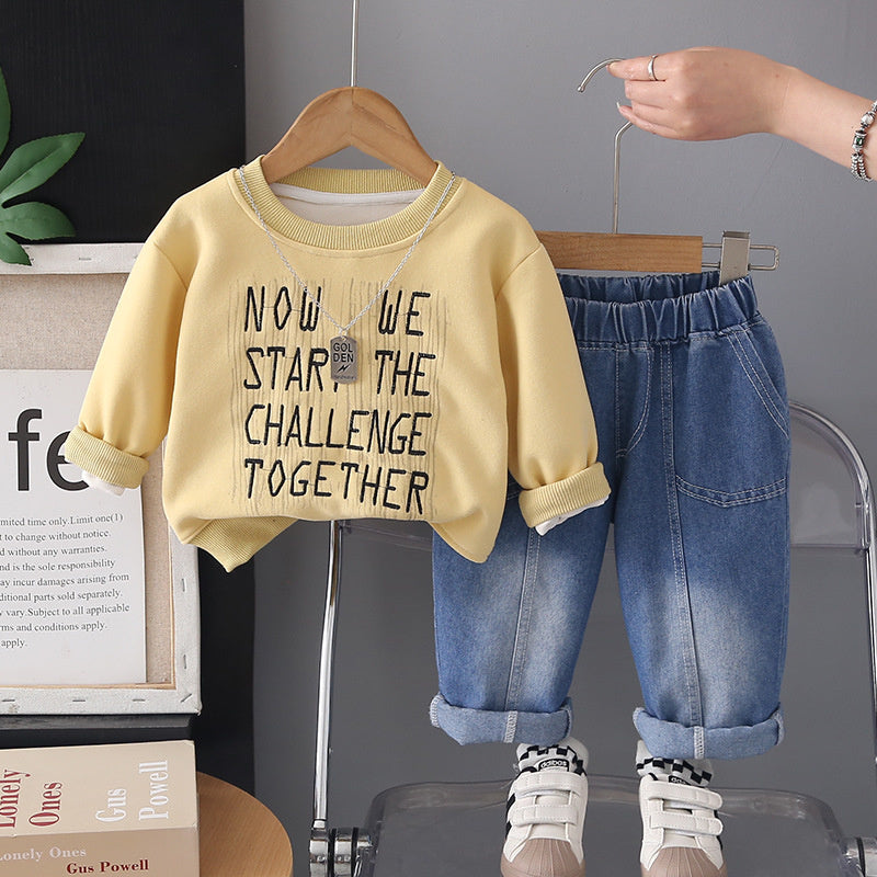 Boys' Outfit Spring and Autumn 2026 New Fashionable Children's Casual Embroidered Letter Sweatshirt Two-Piece Set Trendy