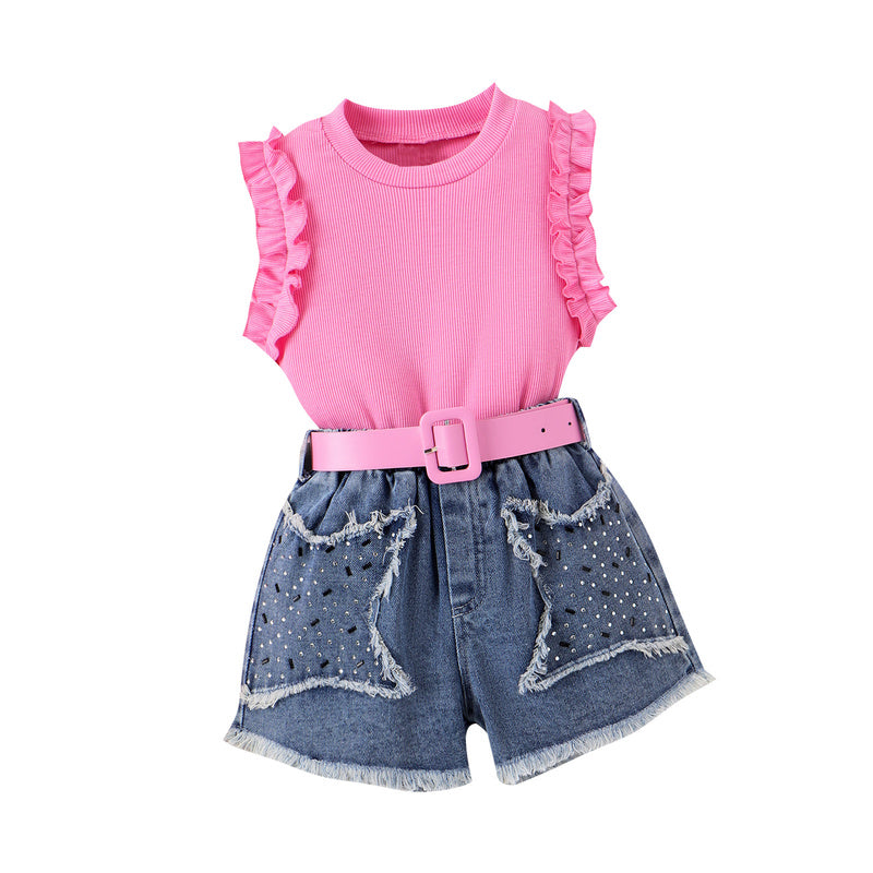 Amazon cross-border ribbed sleeveless ruffled tank top + washed fringed denim shorts girls' set 24 summer style