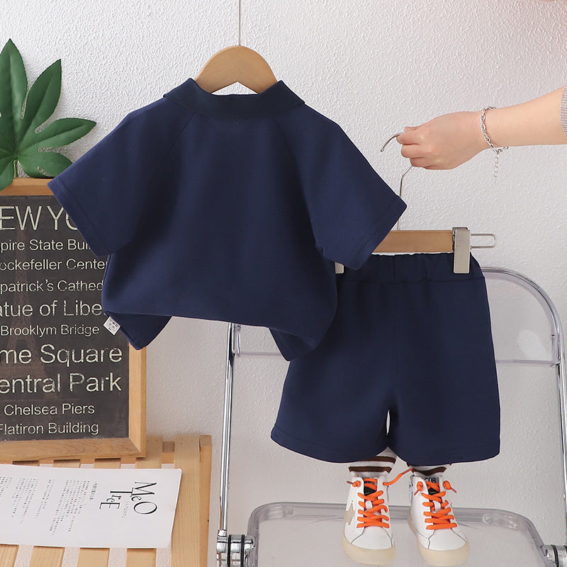 2025 Korean-style children's outfit, new summer model, boys' embroidered polo shirt, baby short-sleeve shorts, stylish two-piece set