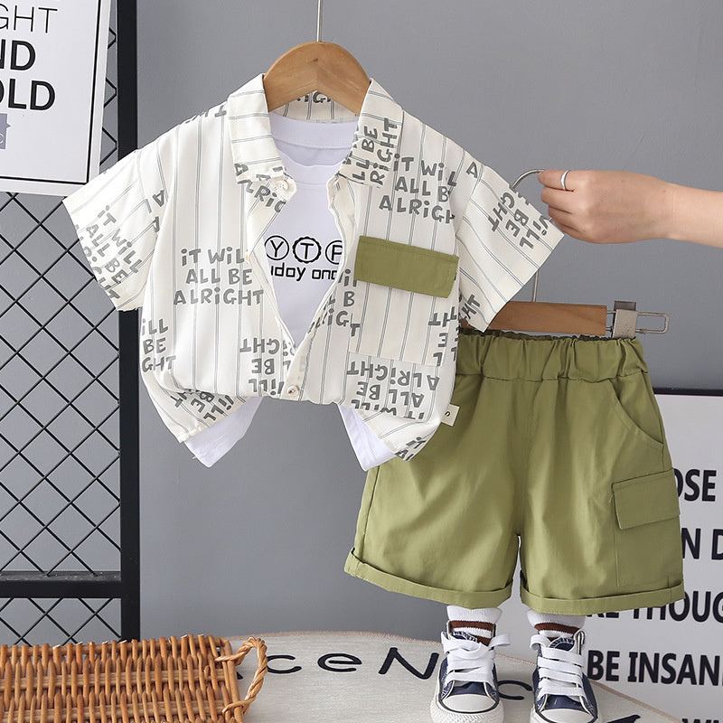Boys' Outfit: Vertical Stripe Letter Print Short Sleeve Set, New Baby Summer Clothes, Lightweight Children's Shirt Three-Piece Trendy Set