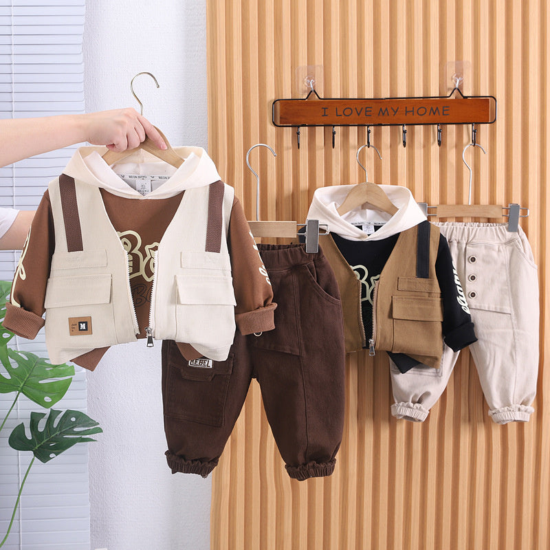 Children's Clothing Boys' 2023 Baby Boy Stylish Autumn Outfit Korean Version Street Style Fake Strap Vest Three-Piece Set