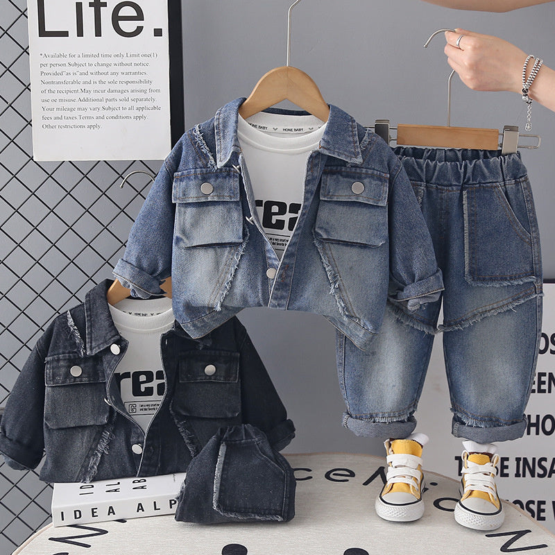 Boys' Outfit 2026 New Fashionable Children's Spring and Autumn Baby Casual Three-Piece Set with 3D Frayed Edge Denim