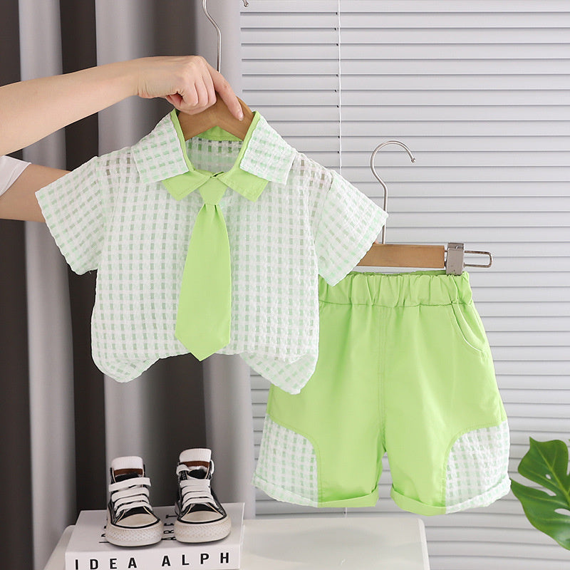Boys' Outfit 2026 New Fashionable Children's Small Checkered Short-Sleeve Baby Summer Korean Style Two-Piece Set Trendy