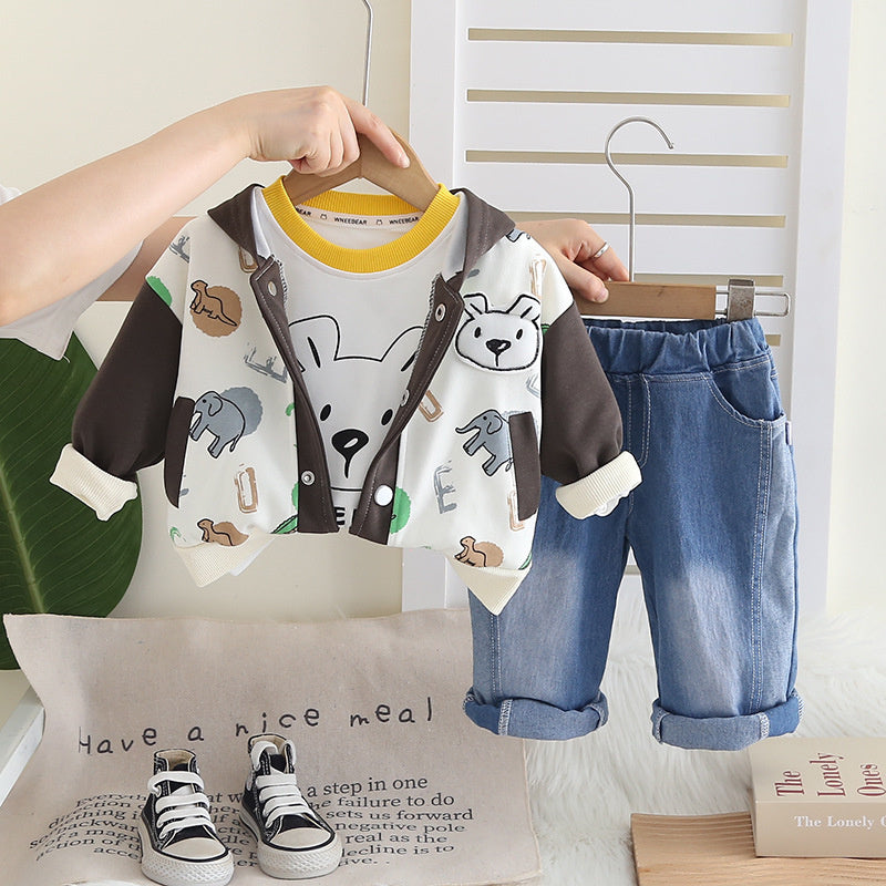 Boys' Stylish Spring and Set 2025 New Autumn Baby Full Print Animal Color Block Three-Piece Fashionable Toddler