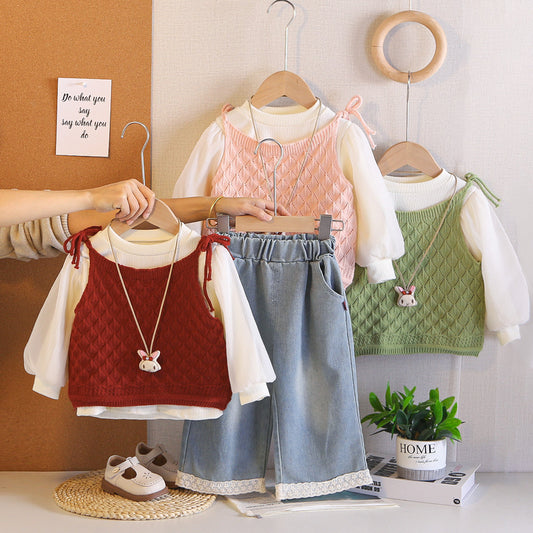 2026 Spring Outfit Baby Stylish Long-Sleeve Autumn Set for Girls, Knitted Vest, Sweater, and Camisole Three-Piece Set, Wholesale