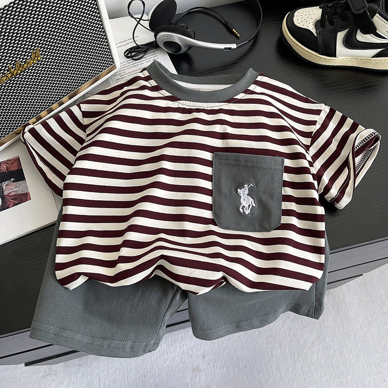 Boys' Outfit 2026 New Striped Embroidered Pocket Short Sleeve Two-Piece Set Children's Summer Clothes Trendy Kids' Wear