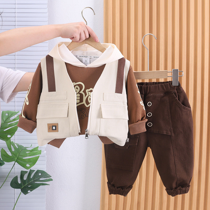 Children's Clothing Boys' 2023 Baby Boy Stylish Autumn Outfit Korean Version Street Style Fake Strap Vest Three-Piece Set