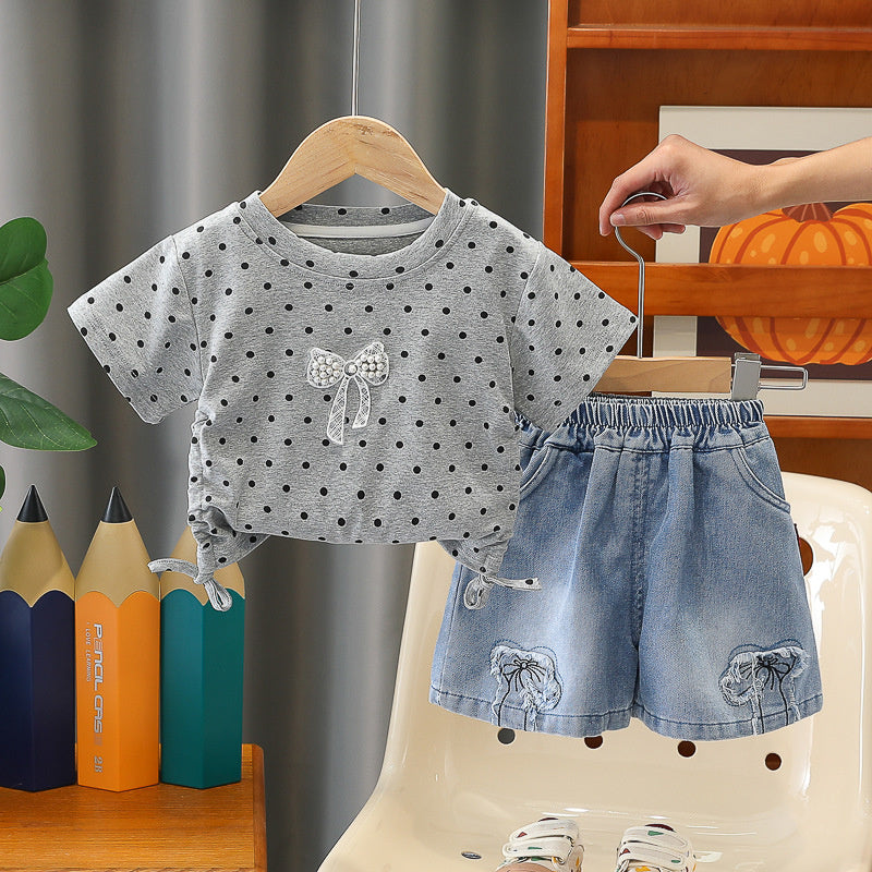 2026 New Summer Children's Outfit Girls, Polka Dot Short Sleeve Shorts Two-Piece Set, Baby Clothes for 1-Year-Old Girls