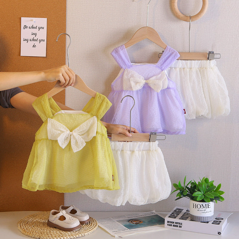 2026 Girls' Strap Dress with Big Bow and Tulle Skirt Set, Korean Style Casual Cute Summer Outfit, New Two-Piece Trendy Set