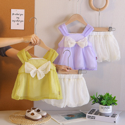 2026 Girls' Strap Dress with Big Bow and Tulle Skirt Set, Korean Style Casual Cute Summer Outfit, New Two-Piece Trendy Set