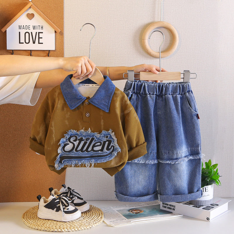 Boys' outfit stylish patch denim letter polo two-piece set, fashionable and handsome for toddlers in autumn