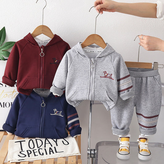 Boys' Outfit Set 2026 New Fashionable Children's Long-Sleeve Puppy Hooded Jacket Two-Piece Spring and Autumn Clothes Trendy