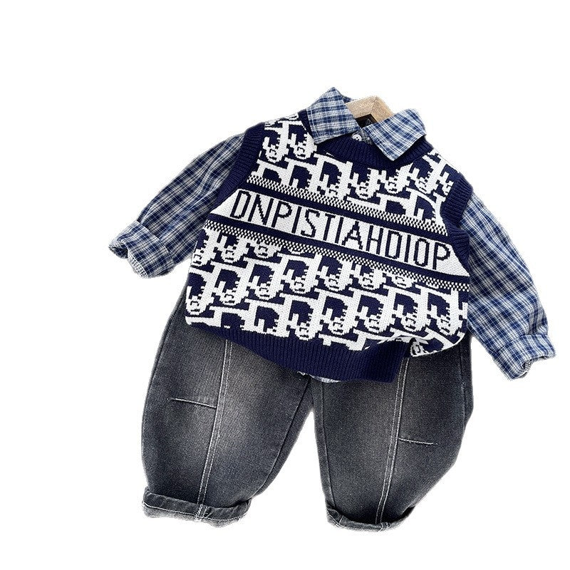 Boys' clothing shirt sweater set, spring autumn style, trendy and cool, stylish long-sleeve three-piece set for 1-5 year old boys