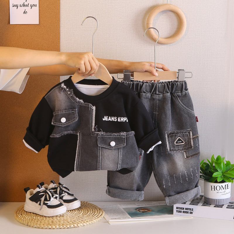 Boys' Sweatshirt and Autumn 2026 New Trendy Children's Sports Patchwork Clothes Baby Spring Set