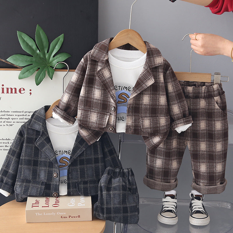 Children's Outfit Boys' Casual Plaid Suit Stylish One-Year-Old Baby Spring and Autumn Three-Piece Set Infant Toddler