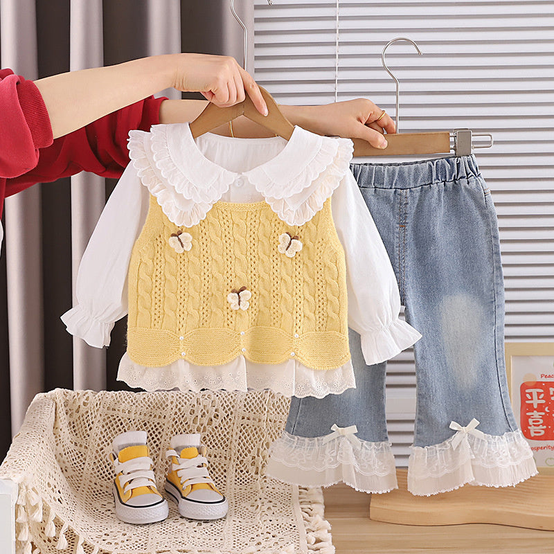 Baby Girl Spring and Autumn Outfit 2026 New Model 3-Piece Butterfly Sweater Set for 1-Year-Old Girls