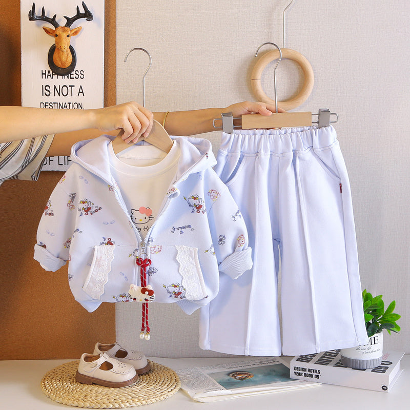 Girls' Spring and Autumn Outfit 2026 New Style for 1-4 Year Olds, Stylish Baby Children's Full-Print Cartoon Hooded Three-Piece Set