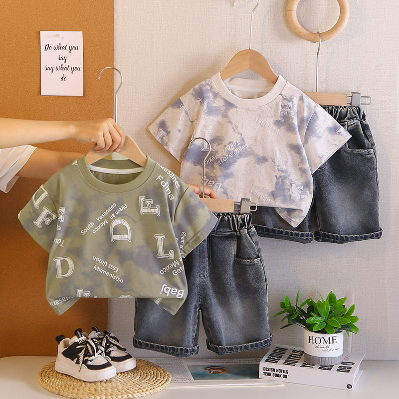 Boys' Short-Sleeve 2026 New Summer Outfit Baby Korean Version Full-Print English Foam Thin Two-Piece Trendy Set