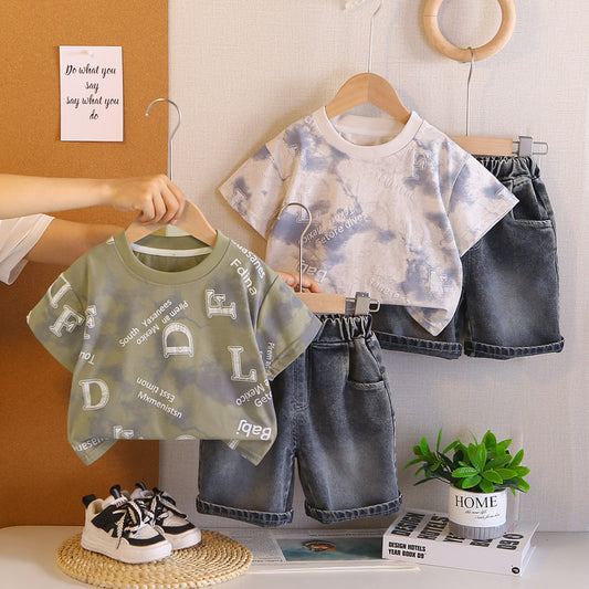 Boys' Short-Sleeve 2026 New Summer Outfit Baby Korean Version Full-Print English Foam Thin Two-Piece Trendy Set