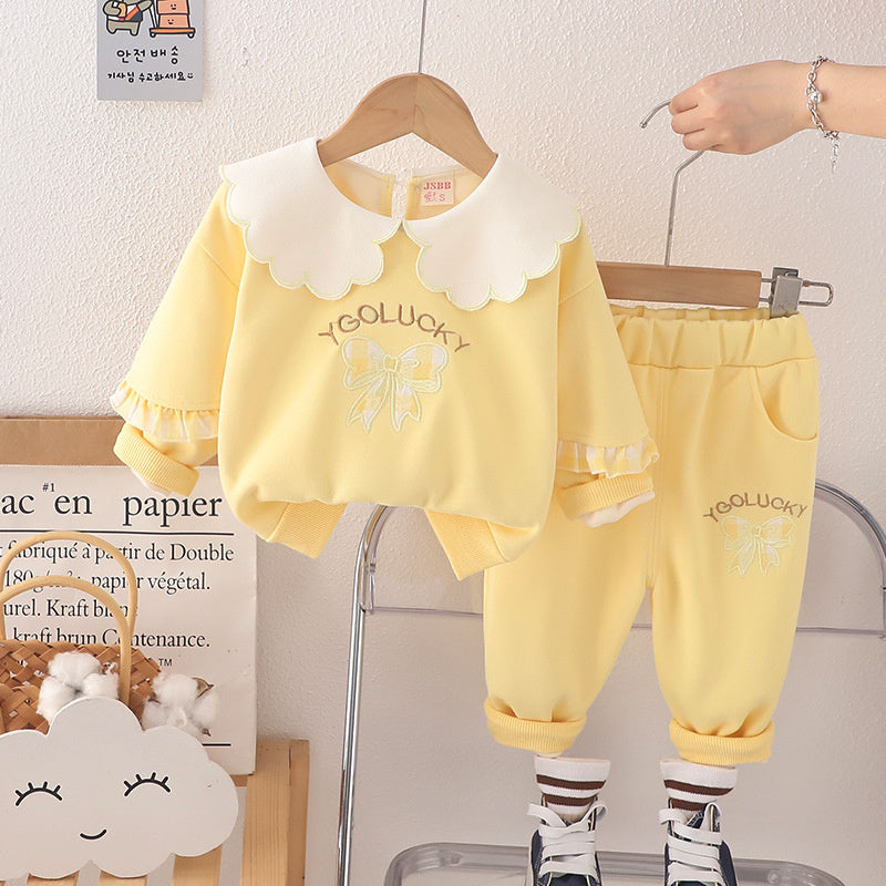Girls' Outfit 2024 New Sweatshirt Baby Plaid Bow Two-Piece Set Children's Spring and Autumn Style