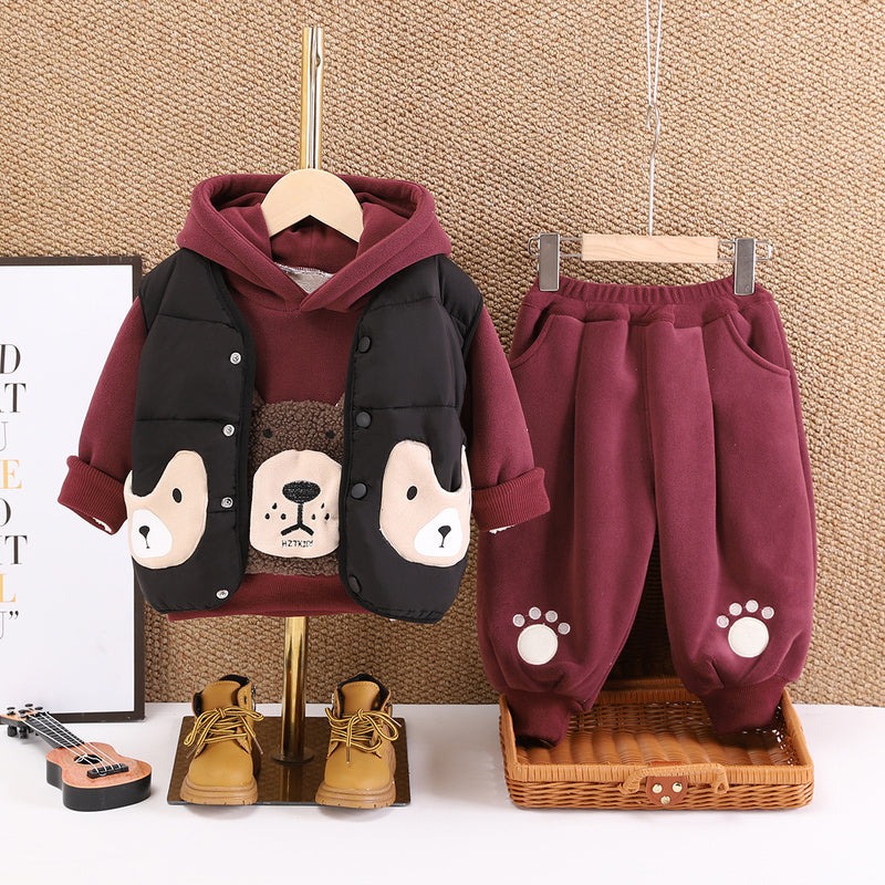 Baby Fleece-Lined 2 Children's Clothing Autumn Toddler Outfit Infant 1-Year-Old Boy Winter Bear Head Three-Piece Set