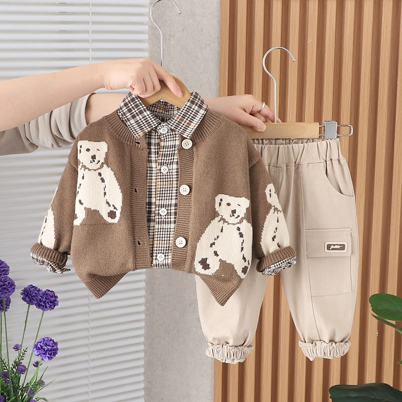 Baby Spring Outfit Stylish 1-4 Years Old Boys Bear Long Sleeve Sweater Three-Piece Set Infant Children's Clothing