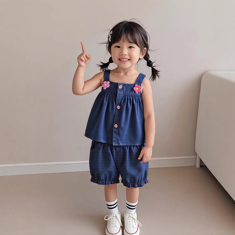 Baby Girl Denim Suspender 2026 New Children's Clothing Floral Two-Piece Set for Girls Summer Outfit