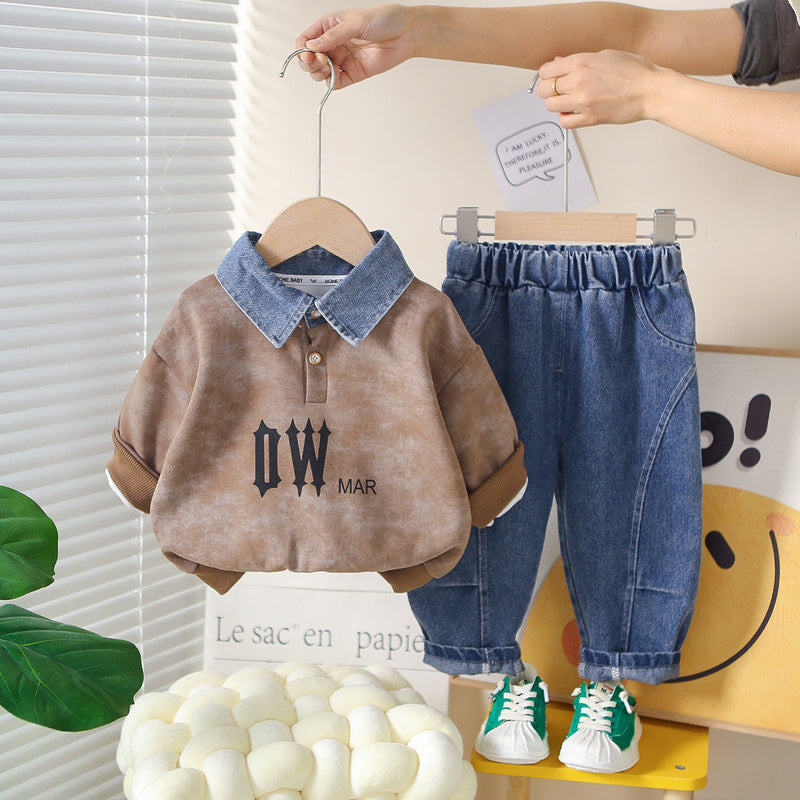 Boys' Spring and 2026 New Set: Children's Korean-style Denim Collar Sweatshirt, Baby's Autumn Two-piece Casual Outfit