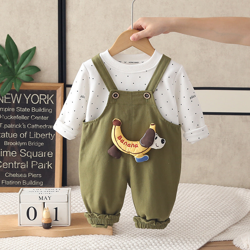 Boys' Outfit 2026 Spring and Autumn Clothes Infant Children's Sweatshirt Baby Banana Dog Overalls Two-Piece Trendy Set