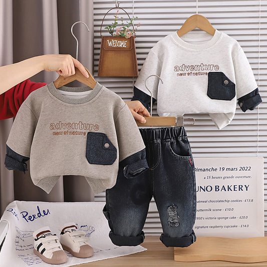 Boys' Outfit 2026 Spring and Autumn Clothes Infant Children's Denim Pocket Sweatshirt Baby Stylish Two-Piece Set Trendy