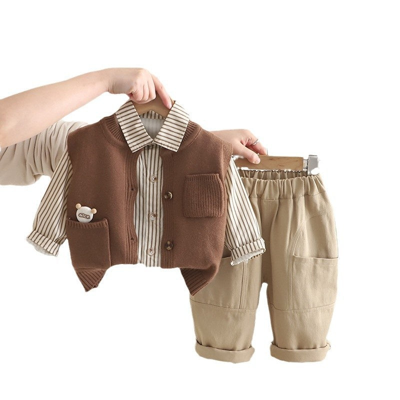 Boys' Suit and Autumn 2025 New Children's Spring Pocket Bear Sweater Vest Three-Piece Set Baby Clothing