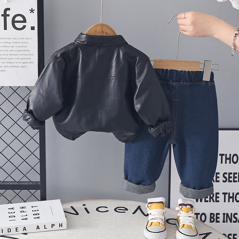 Baby Boy Outfit 2026 New Style Boys' Square-Pocket Leather Jacket Three-Piece Set Stylish Spring and Autumn Clothes for Little Boys
