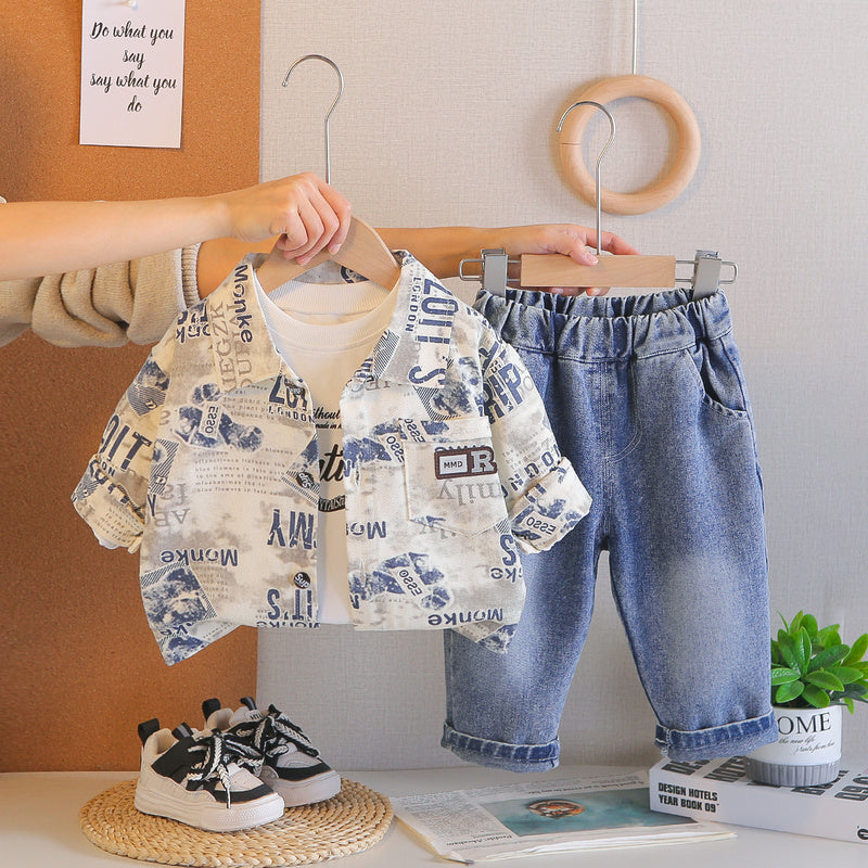 Boys' Outfit 2026 New Fashionable Long-Sleeve Letter Jacket Three-Piece Set for Children, Trendy Spring and Autumn Outerwear